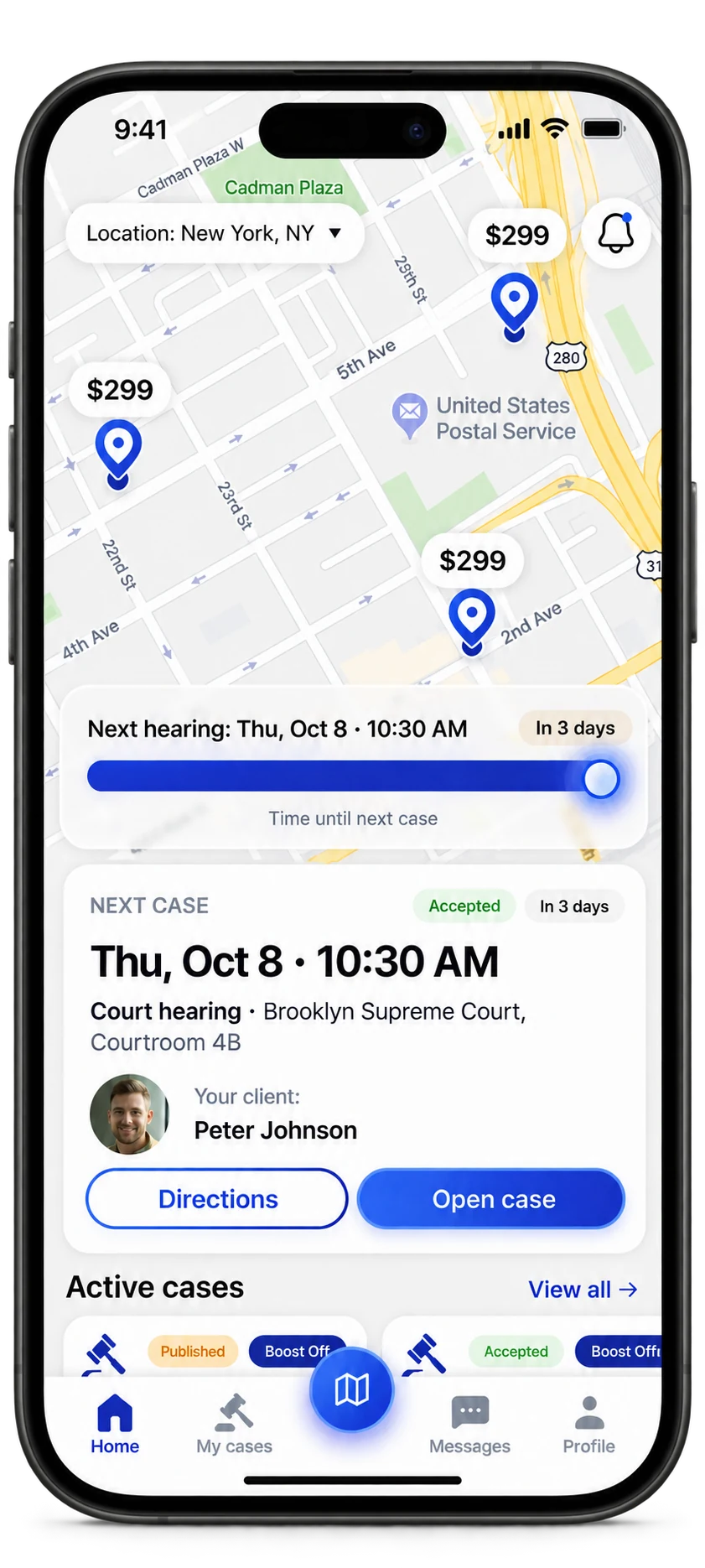 Lawber attorney app design on an iPhone: a map of nearby requests, the next hearing and the client’s case details. Example data.